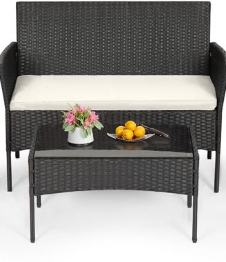 FDW | 4-Piece Patio Furniture Set | Outdoor Wicker Furniture with Coffee Table | Modern Rattan Chairs Conversation Set | Outdoor Seating | Weather-Resistant | Black | for Porch, Garden, Lawn