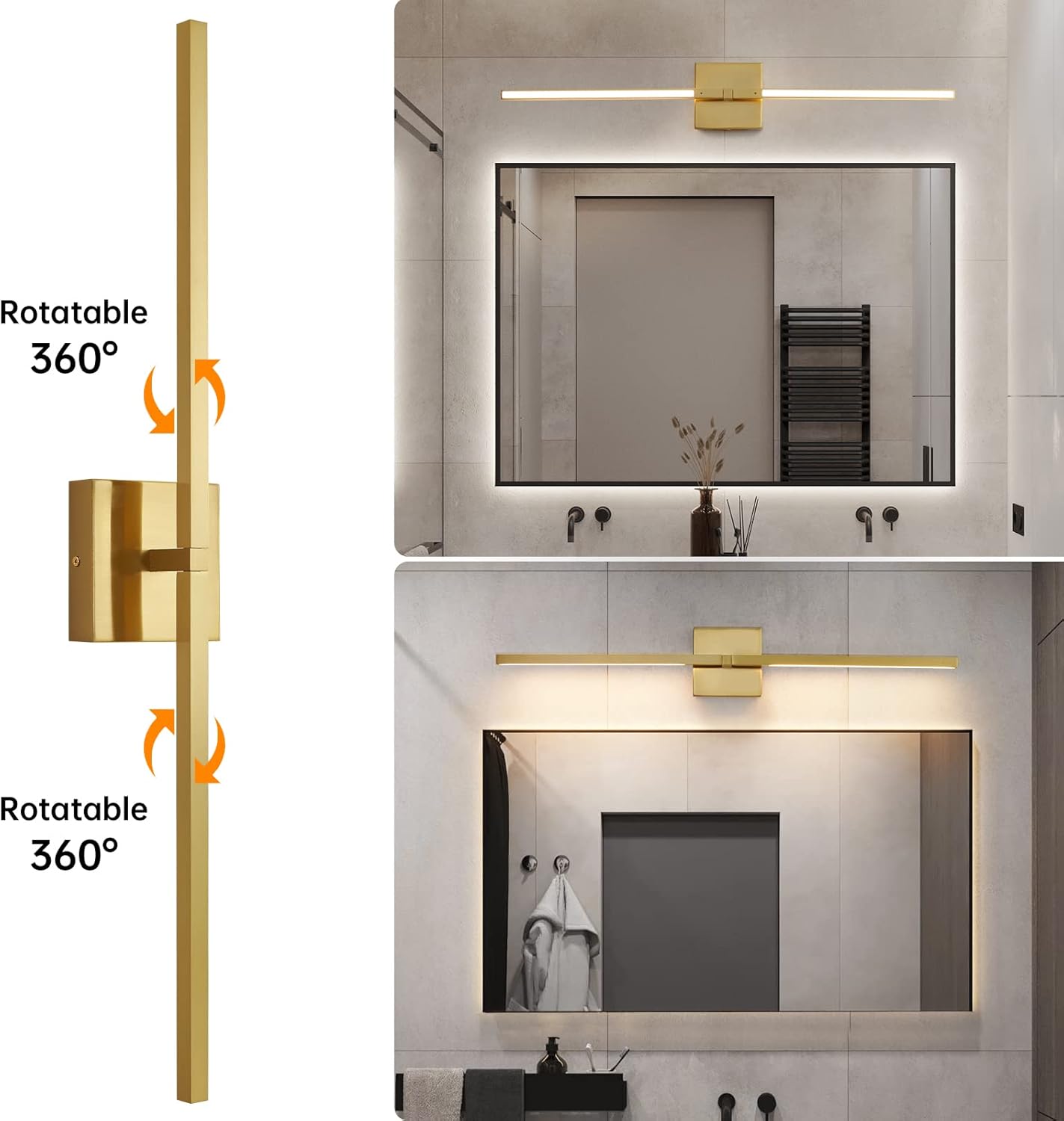 Gold Bathroom Vanity Light Fixtures - 30 inch Rotatable Modern LED Vanity Lights for Bathroom with 3500K Warm Light Brushed Bath Wall Sconce Over Mirror - Image 2