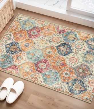 Lahome Moroccan Trellis Washable Rug, 2x3 Kitchen Rugs for Entryway Bathroom, Non-Slip Indoor Door Mat Ultra-Thin, Small Oriental Throw Carpet for Bedroom Entry, Cream/Multi