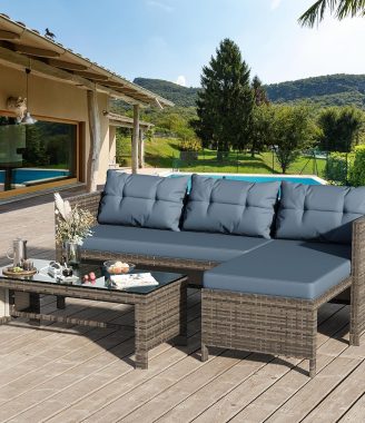 Shintenchi Outdoor Patio Furniture Sets, Wicker Patio sectional Sets 3-Piece, All Weather Wicker Rattan Patio Seating Sofas with Glass Coffee Table and Cushion (Blue)
