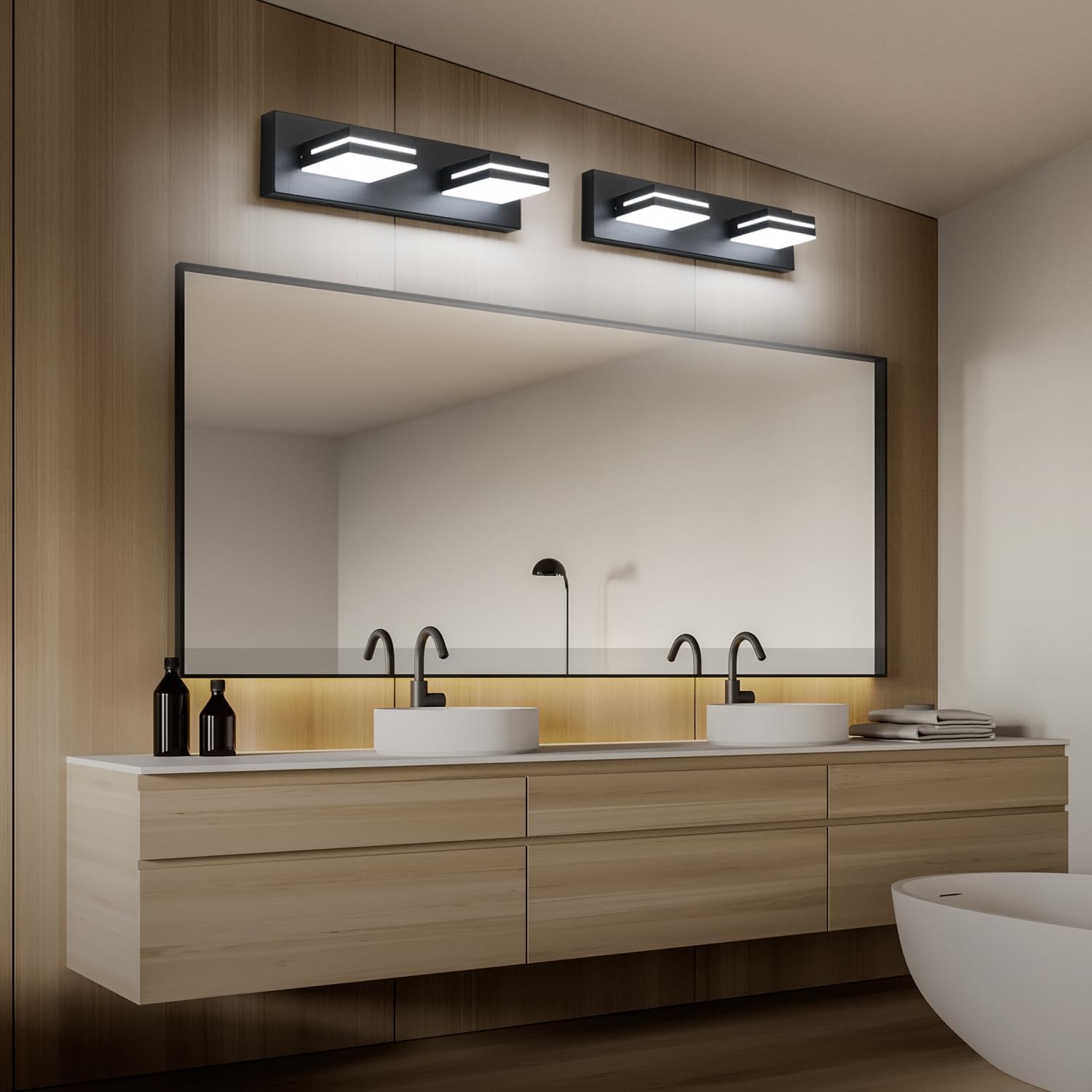SineRise LED Modern Bathroom Vanity Light Fixtures (2-Light, 15.5-Inch), Matte Black Modern Acrylic Bathroom Wall Lighting Fixtures Over Mirror (Cool White 6000K) - Image 4