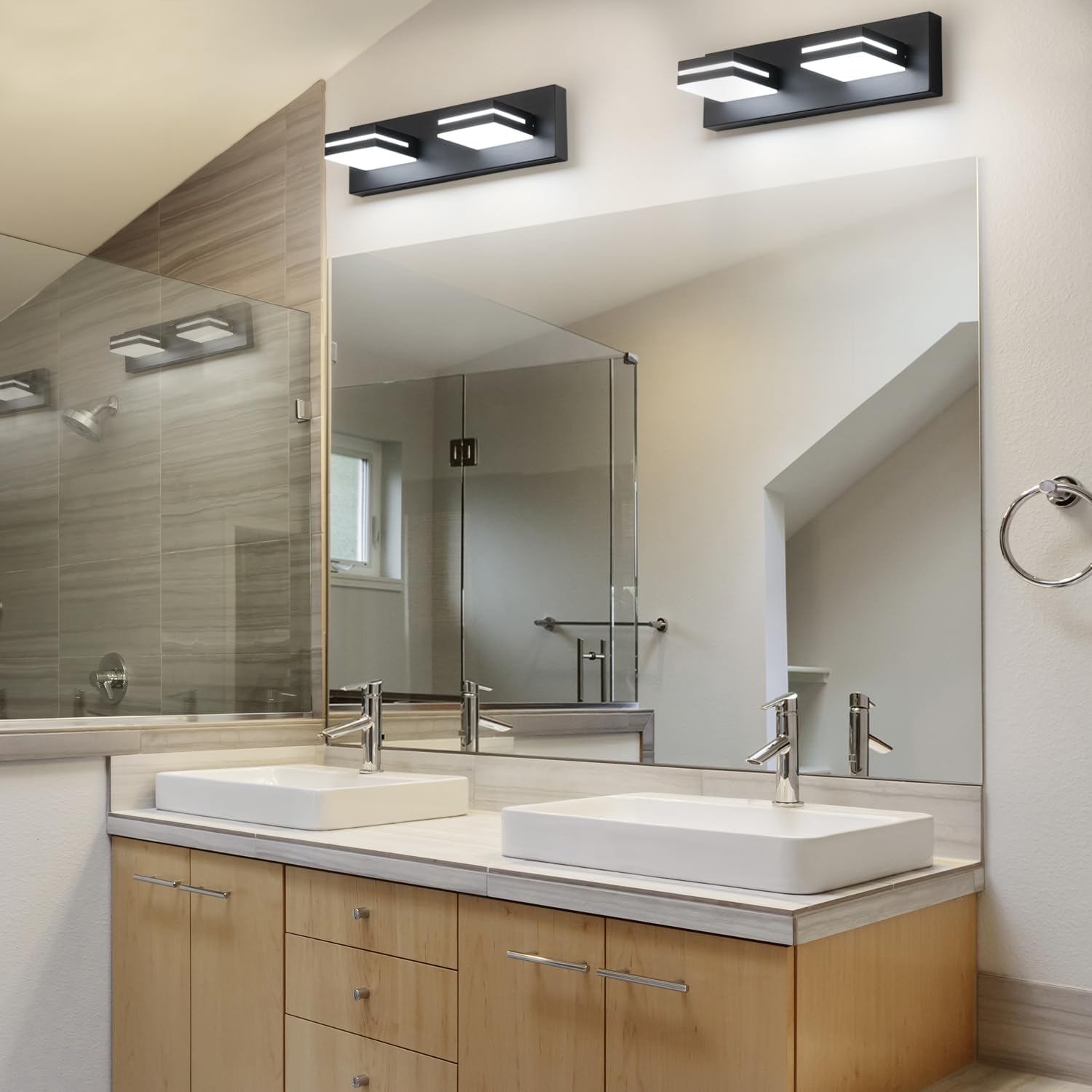 SineRise LED Modern Bathroom Vanity Light Fixtures (2-Light, 15.5-Inch), Matte Black Modern Acrylic Bathroom Wall Lighting Fixtures Over Mirror (Cool White 6000K) - Image 5