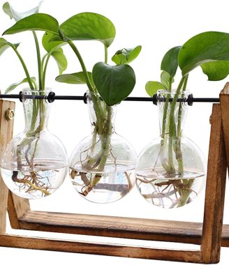 XXXFLOWER Plant Terrarium with Wooden Stand, Air Planter Bulb Glass Vase Metal Swivel Holder Retro Tabletop for Hydroponics Home Garden Office Decoration - 3 Bulb Vase